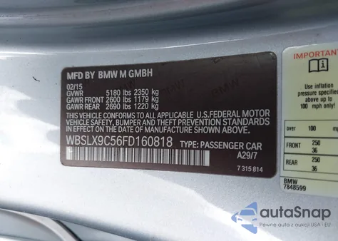 2015 BMW M6 from USA, damaged, VIN WBSLX9C56FD160818